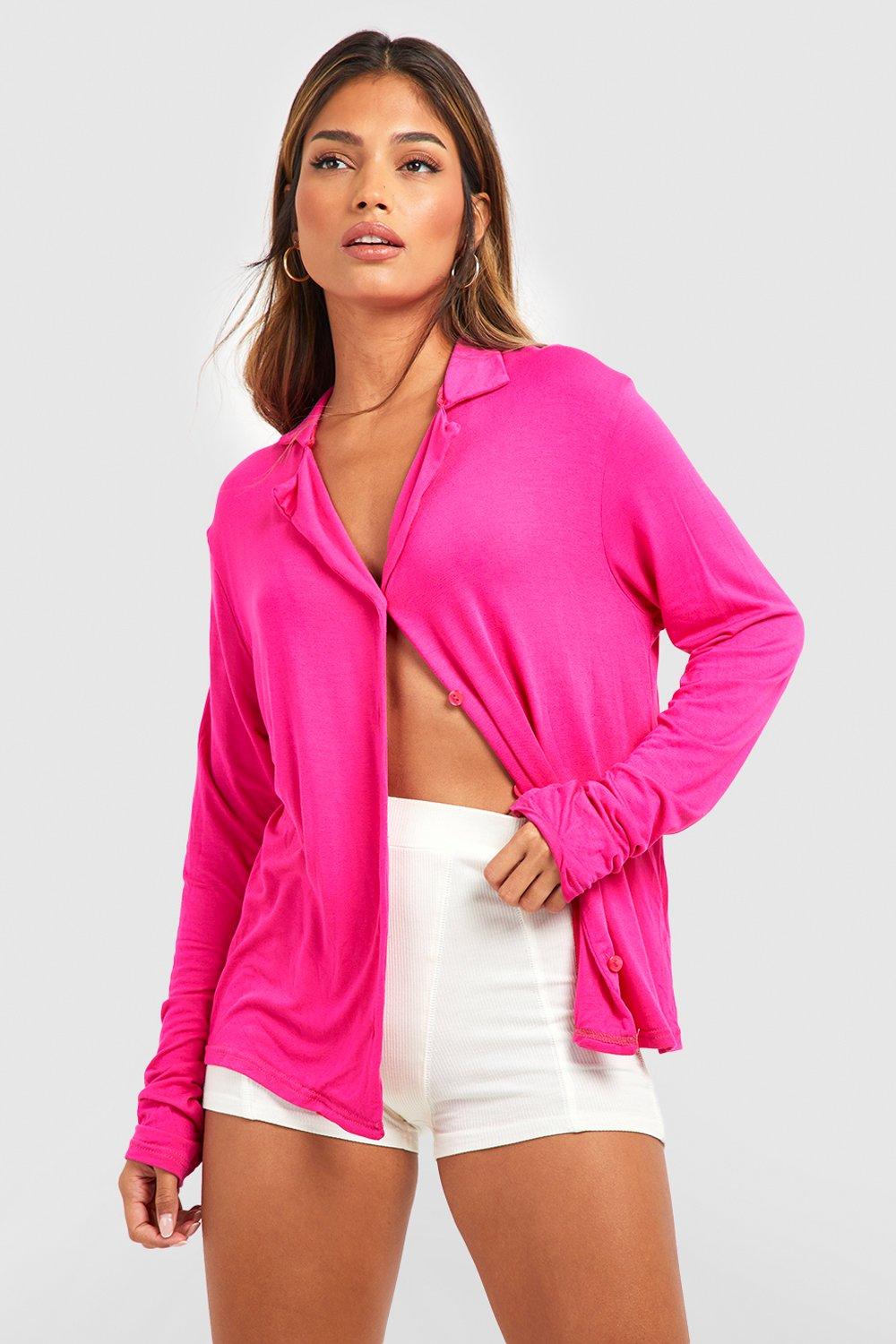 Womens Jersey Long Sleeve Button Up Pj Shirt - Pink - 8, Pink